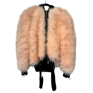 Faux‎ Fur Bomber Jacket Pink Fluffy Cropped Belted Accents